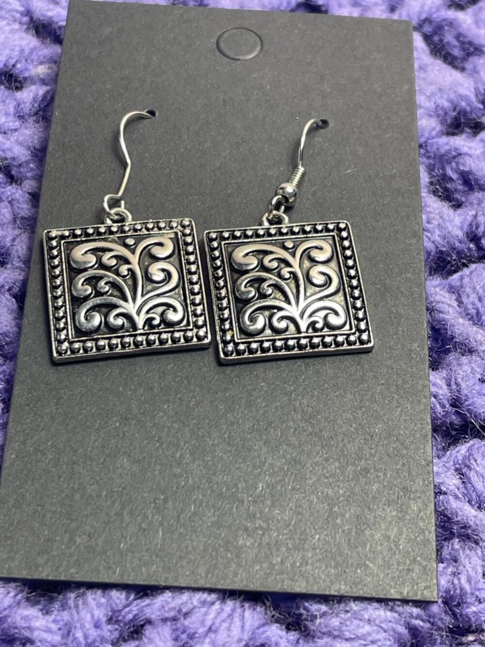 Square Silvertone Swirls Dangle Earrings 0.75 inch